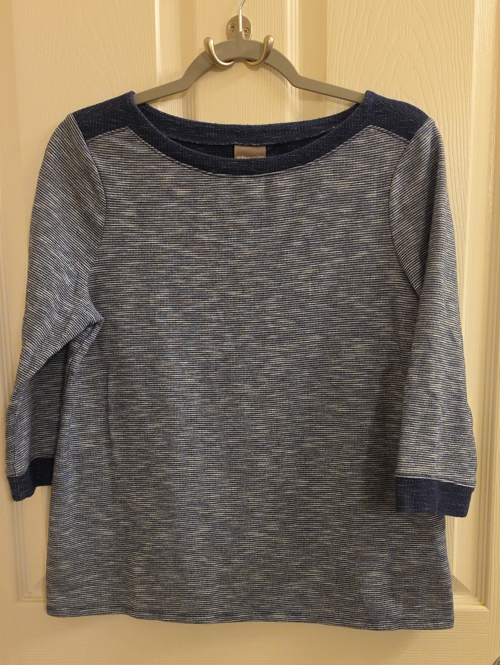Chico's Heathered Navy and Light Blue Boatneck Long Sleeve Top
